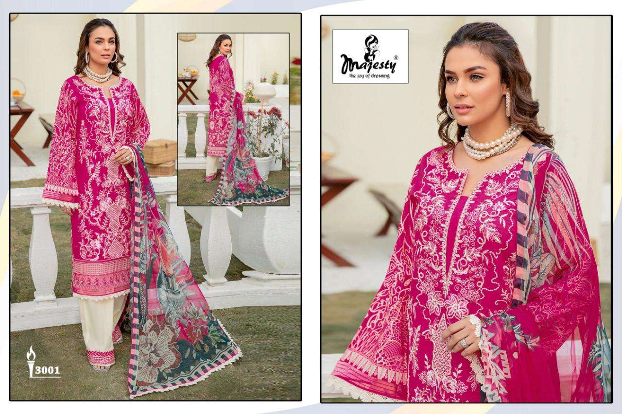 RAMSHA LUXURY LAWN COLLECTION BY MAJESTY 3001 TO 3006 SERIES PAKISTANI SUITS BEAUTIFUL FANCY COLORFUL STYLISH PARTY WEAR & OCCASIONAL WEAR PURE COTTON DIGITAL PRINT WITH EMBROIDERY DRESSES AT WHOLESALE PRICE