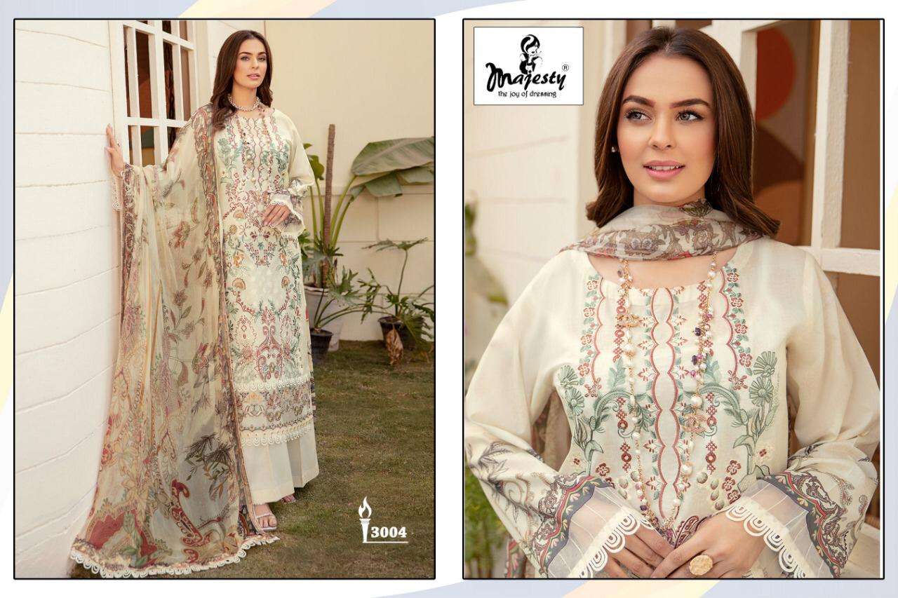 RAMSHA LUXURY LAWN COLLECTION BY MAJESTY 3001 TO 3006 SERIES PAKISTANI SUITS BEAUTIFUL FANCY COLORFUL STYLISH PARTY WEAR & OCCASIONAL WEAR PURE COTTON DIGITAL PRINT WITH EMBROIDERY DRESSES AT WHOLESALE PRICE