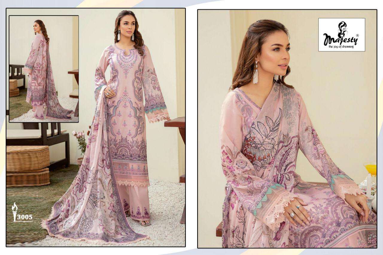RAMSHA LUXURY LAWN COLLECTION BY MAJESTY 3001 TO 3006 SERIES PAKISTANI SUITS BEAUTIFUL FANCY COLORFUL STYLISH PARTY WEAR & OCCASIONAL WEAR PURE COTTON DIGITAL PRINT WITH EMBROIDERY DRESSES AT WHOLESALE PRICE