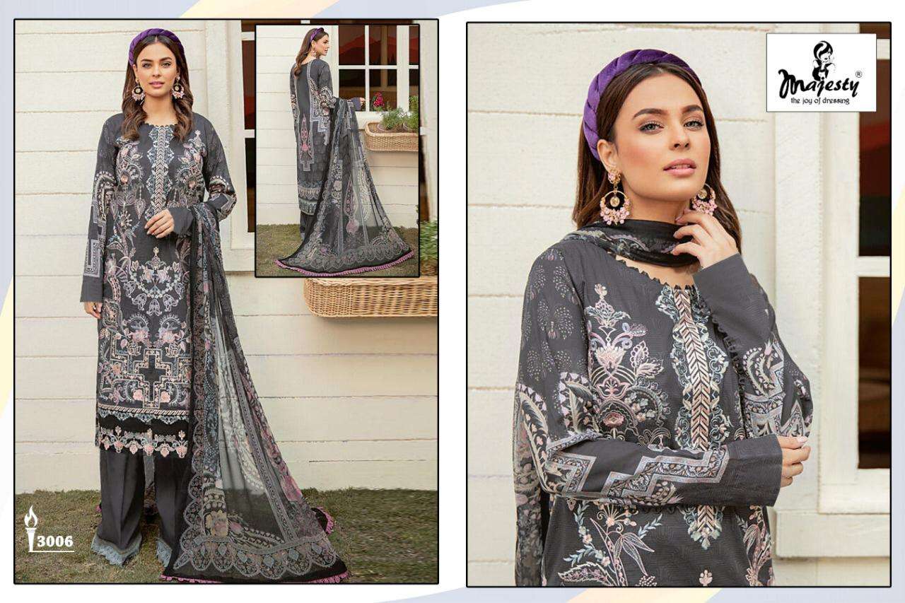 RAMSHA LUXURY LAWN COLLECTION BY MAJESTY 3001 TO 3006 SERIES PAKISTANI SUITS BEAUTIFUL FANCY COLORFUL STYLISH PARTY WEAR & OCCASIONAL WEAR PURE COTTON DIGITAL PRINT WITH EMBROIDERY DRESSES AT WHOLESALE PRICE