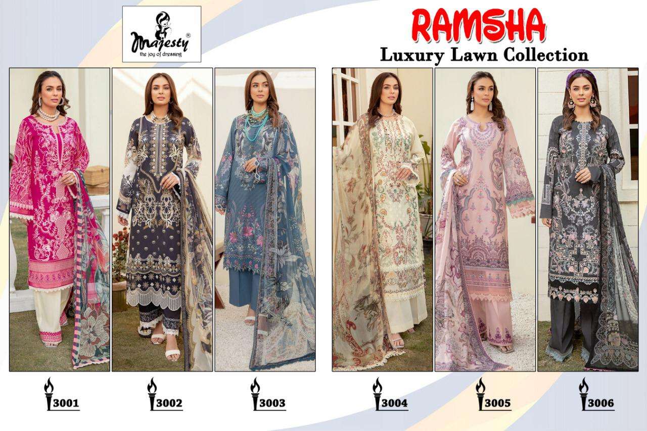 RAMSHA LUXURY LAWN COLLECTION BY MAJESTY 3001 TO 3006 SERIES PAKISTANI SUITS BEAUTIFUL FANCY COLORFUL STYLISH PARTY WEAR & OCCASIONAL WEAR PURE COTTON DIGITAL PRINT WITH EMBROIDERY DRESSES AT WHOLESALE PRICE