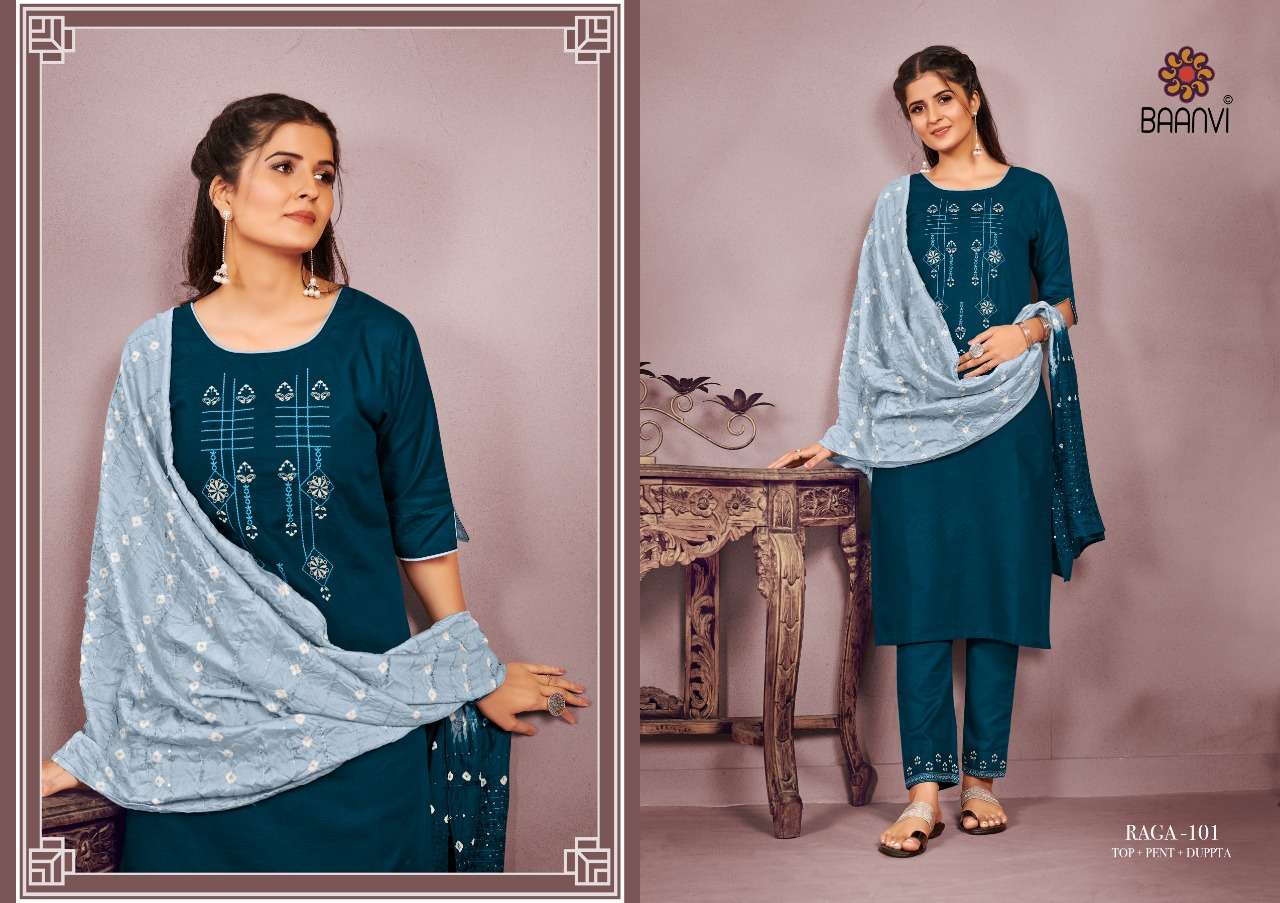 RAGA BY BAANVI 101 TO 106 SERIES BEAUTIFUL SUITS COLORFUL STYLISH FANCY CASUAL WEAR & ETHNIC WEAR HEAVY COTTON EMBROIDERED DRESSES AT WHOLESALE PRICE