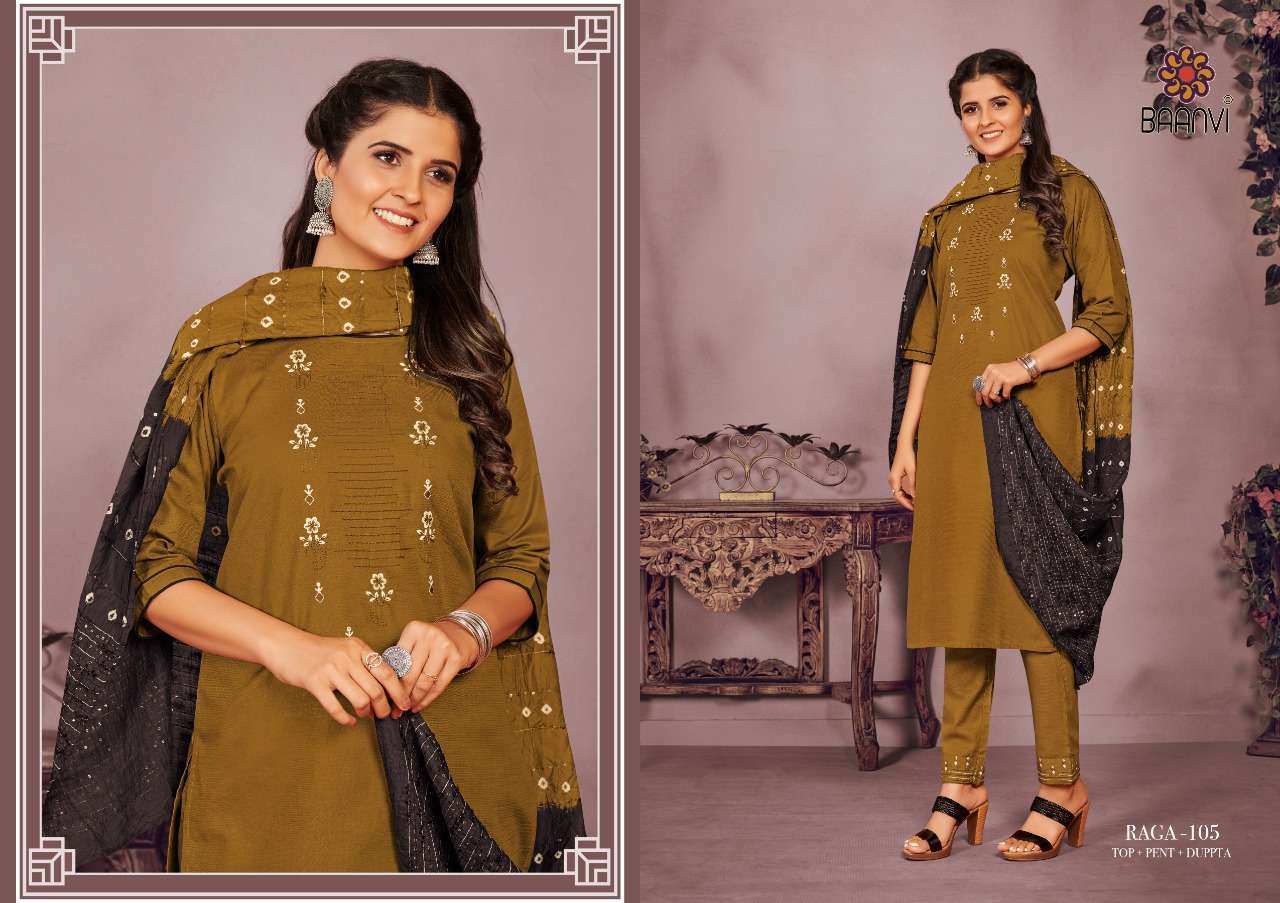 RAGA BY BAANVI 101 TO 106 SERIES BEAUTIFUL SUITS COLORFUL STYLISH FANCY CASUAL WEAR & ETHNIC WEAR HEAVY COTTON EMBROIDERED DRESSES AT WHOLESALE PRICE