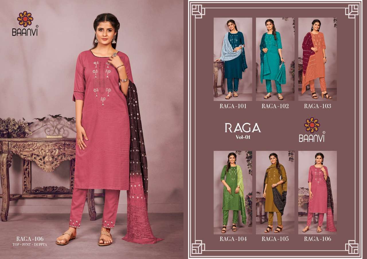 RAGA BY BAANVI 101 TO 106 SERIES BEAUTIFUL SUITS COLORFUL STYLISH FANCY CASUAL WEAR & ETHNIC WEAR HEAVY COTTON EMBROIDERED DRESSES AT WHOLESALE PRICE