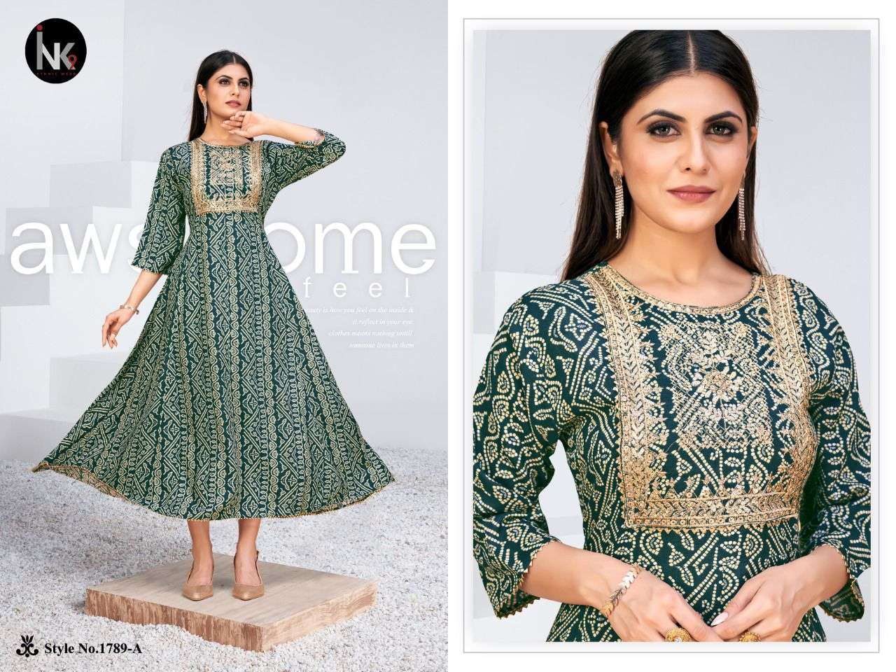 KALI VOL-1 BY INK9 1789-A TO 1879-H SERIES BEAUTIFUL STYLISH FANCY COLORFUL CASUAL WEAR & ETHNIC WEAR RAYON WITH WORK GOWNS AT WHOLESALE PRICE