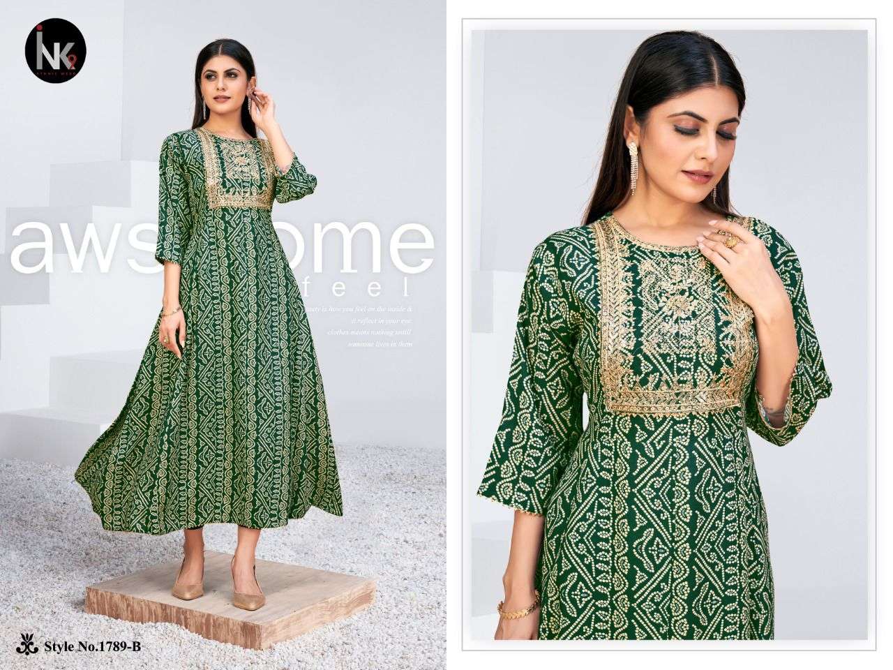 KALI VOL-1 BY INK9 1789-A TO 1879-H SERIES BEAUTIFUL STYLISH FANCY COLORFUL CASUAL WEAR & ETHNIC WEAR RAYON WITH WORK GOWNS AT WHOLESALE PRICE