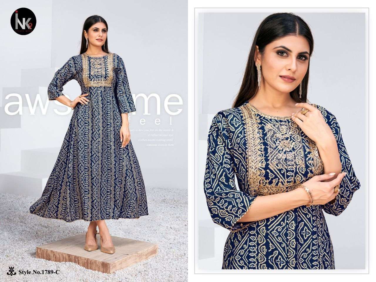 KALI VOL-1 BY INK9 1789-A TO 1879-H SERIES BEAUTIFUL STYLISH FANCY COLORFUL CASUAL WEAR & ETHNIC WEAR RAYON WITH WORK GOWNS AT WHOLESALE PRICE
