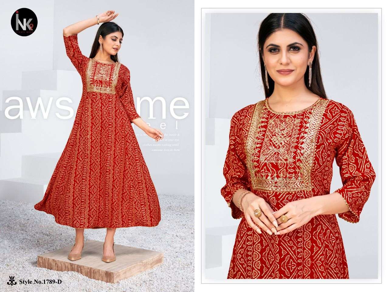 KALI VOL-1 BY INK9 1789-A TO 1879-H SERIES BEAUTIFUL STYLISH FANCY COLORFUL CASUAL WEAR & ETHNIC WEAR RAYON WITH WORK GOWNS AT WHOLESALE PRICE