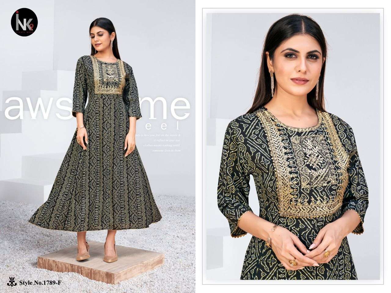 KALI VOL-1 BY INK9 1789-A TO 1879-H SERIES BEAUTIFUL STYLISH FANCY COLORFUL CASUAL WEAR & ETHNIC WEAR RAYON WITH WORK GOWNS AT WHOLESALE PRICE