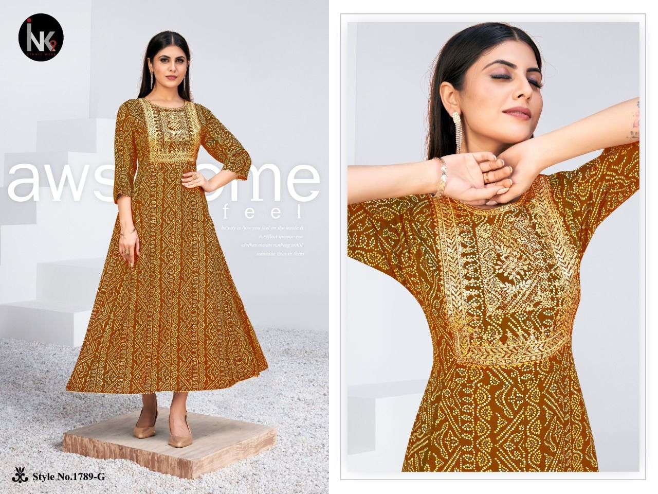 KALI VOL-1 BY INK9 1789-A TO 1879-H SERIES BEAUTIFUL STYLISH FANCY COLORFUL CASUAL WEAR & ETHNIC WEAR RAYON WITH WORK GOWNS AT WHOLESALE PRICE