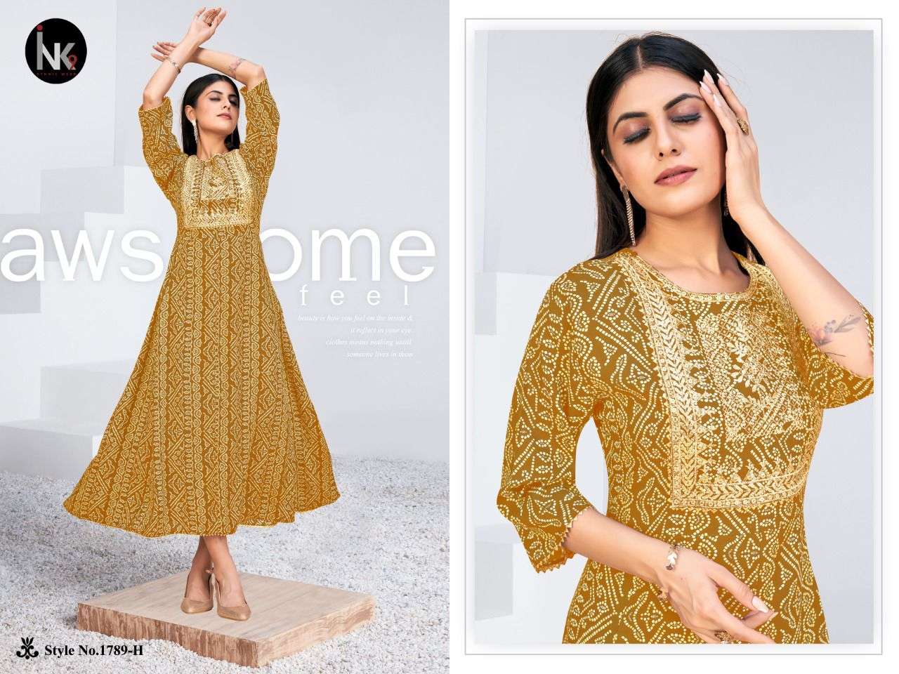 KALI VOL-1 BY INK9 1789-A TO 1879-H SERIES BEAUTIFUL STYLISH FANCY COLORFUL CASUAL WEAR & ETHNIC WEAR RAYON WITH WORK GOWNS AT WHOLESALE PRICE