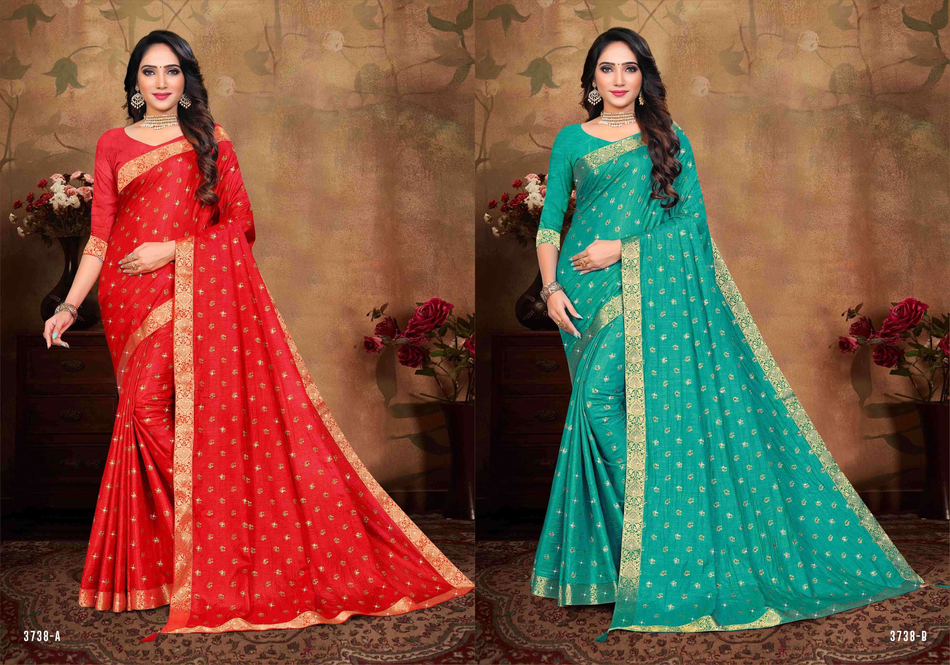 CHANDRAKALA BY INDIAN WOMEN 3738-A TO 3738-H SERIES INDIAN TRADITIONAL WEAR COLLECTION BEAUTIFUL STYLISH FANCY COLORFUL PARTY WEAR & OCCASIONAL WEAR VICHITRA SILK SAREES AT WHOLESALE PRICE