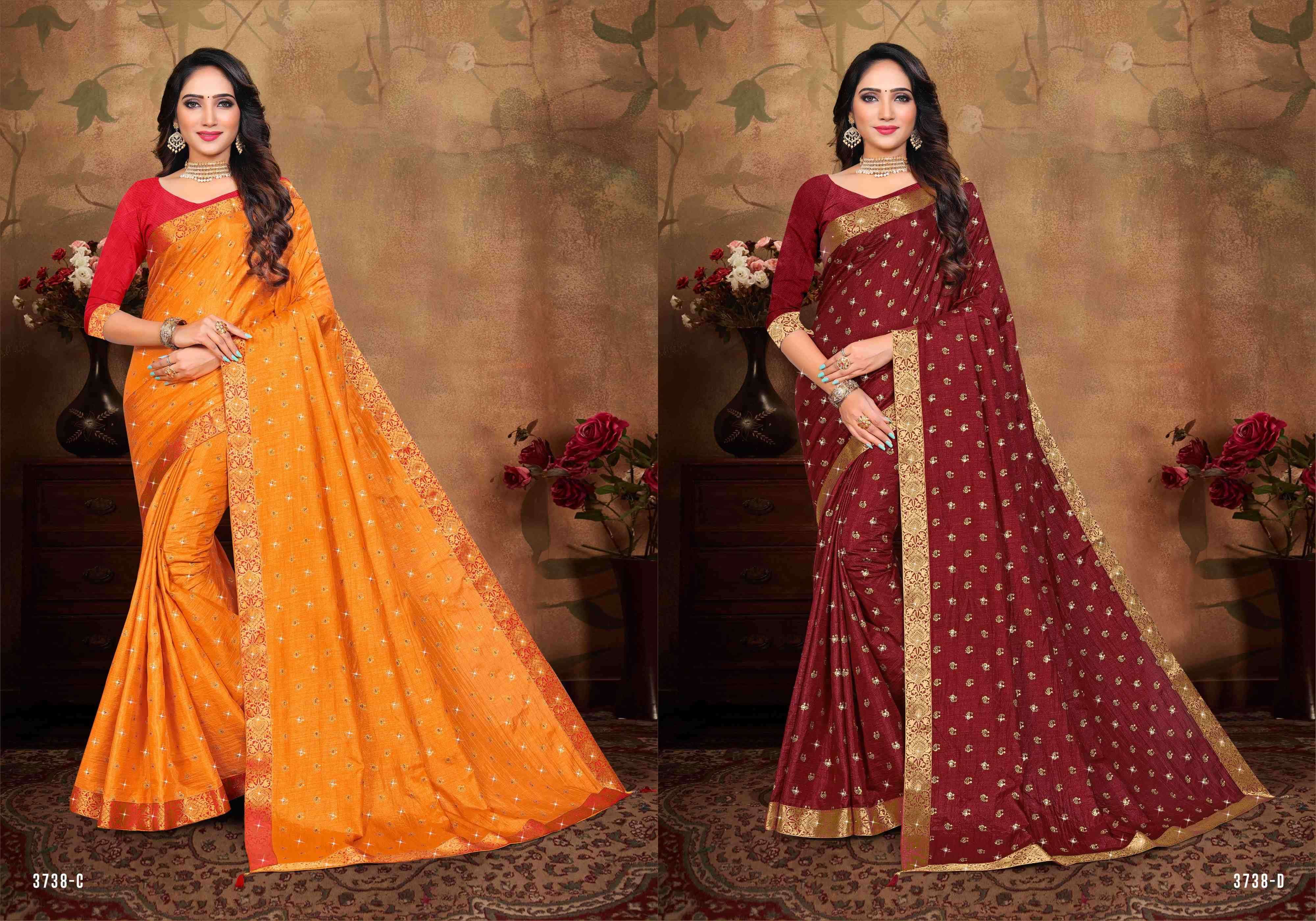 CHANDRAKALA BY INDIAN WOMEN 3738-A TO 3738-H SERIES INDIAN TRADITIONAL WEAR COLLECTION BEAUTIFUL STYLISH FANCY COLORFUL PARTY WEAR & OCCASIONAL WEAR VICHITRA SILK SAREES AT WHOLESALE PRICE