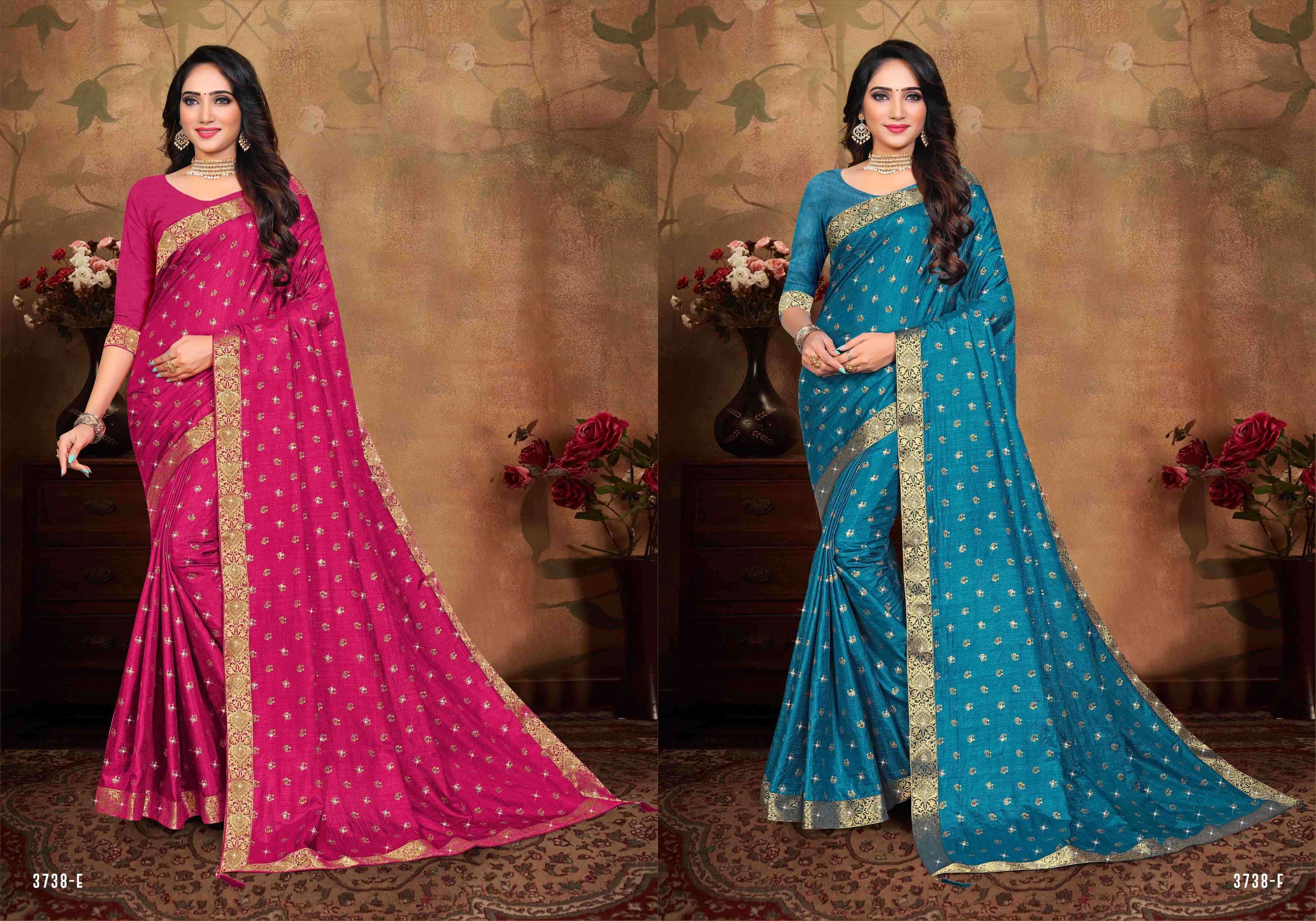 CHANDRAKALA BY INDIAN WOMEN 3738-A TO 3738-H SERIES INDIAN TRADITIONAL WEAR COLLECTION BEAUTIFUL STYLISH FANCY COLORFUL PARTY WEAR & OCCASIONAL WEAR VICHITRA SILK SAREES AT WHOLESALE PRICE