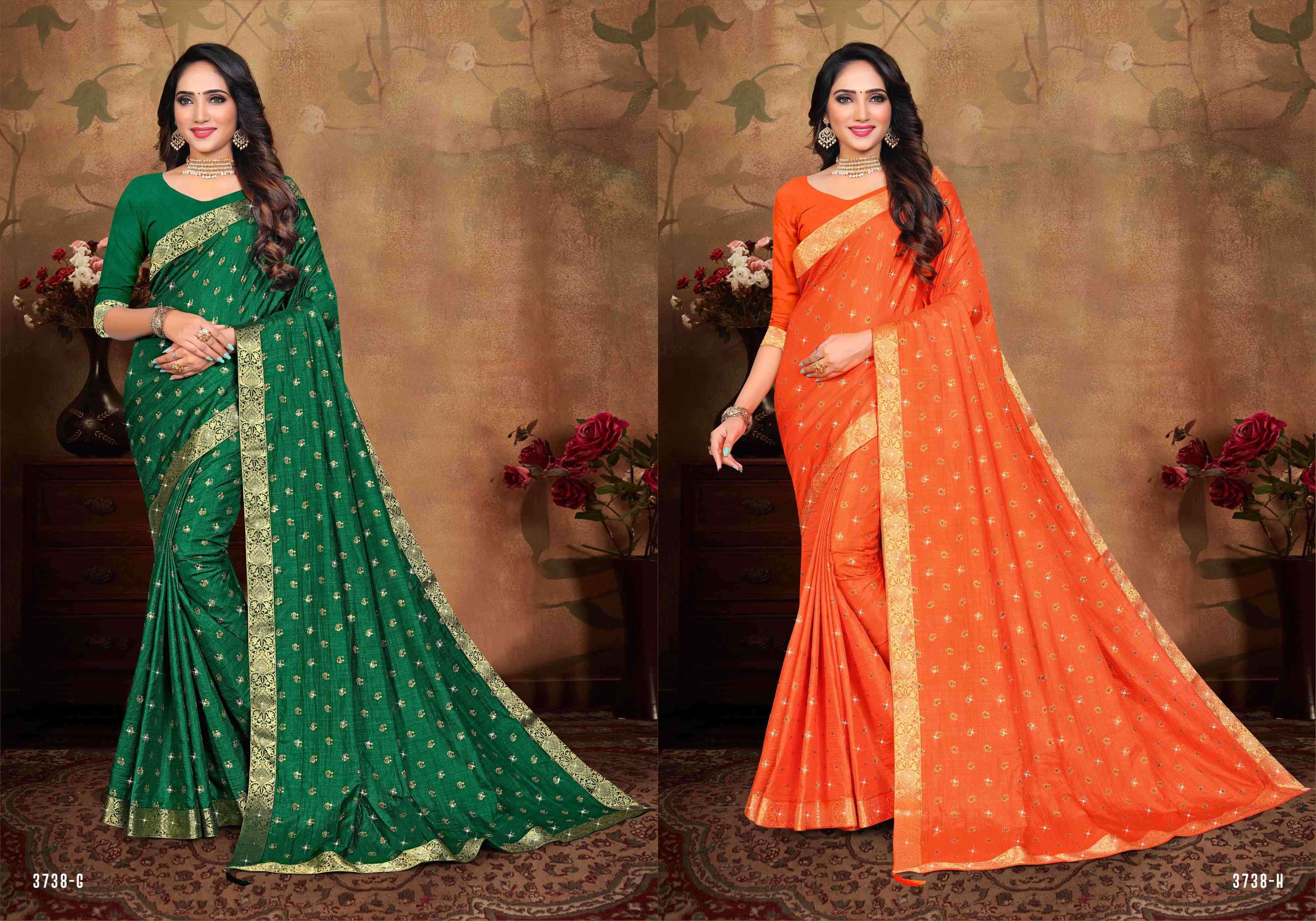 CHANDRAKALA BY INDIAN WOMEN 3738-A TO 3738-H SERIES INDIAN TRADITIONAL WEAR COLLECTION BEAUTIFUL STYLISH FANCY COLORFUL PARTY WEAR & OCCASIONAL WEAR VICHITRA SILK SAREES AT WHOLESALE PRICE