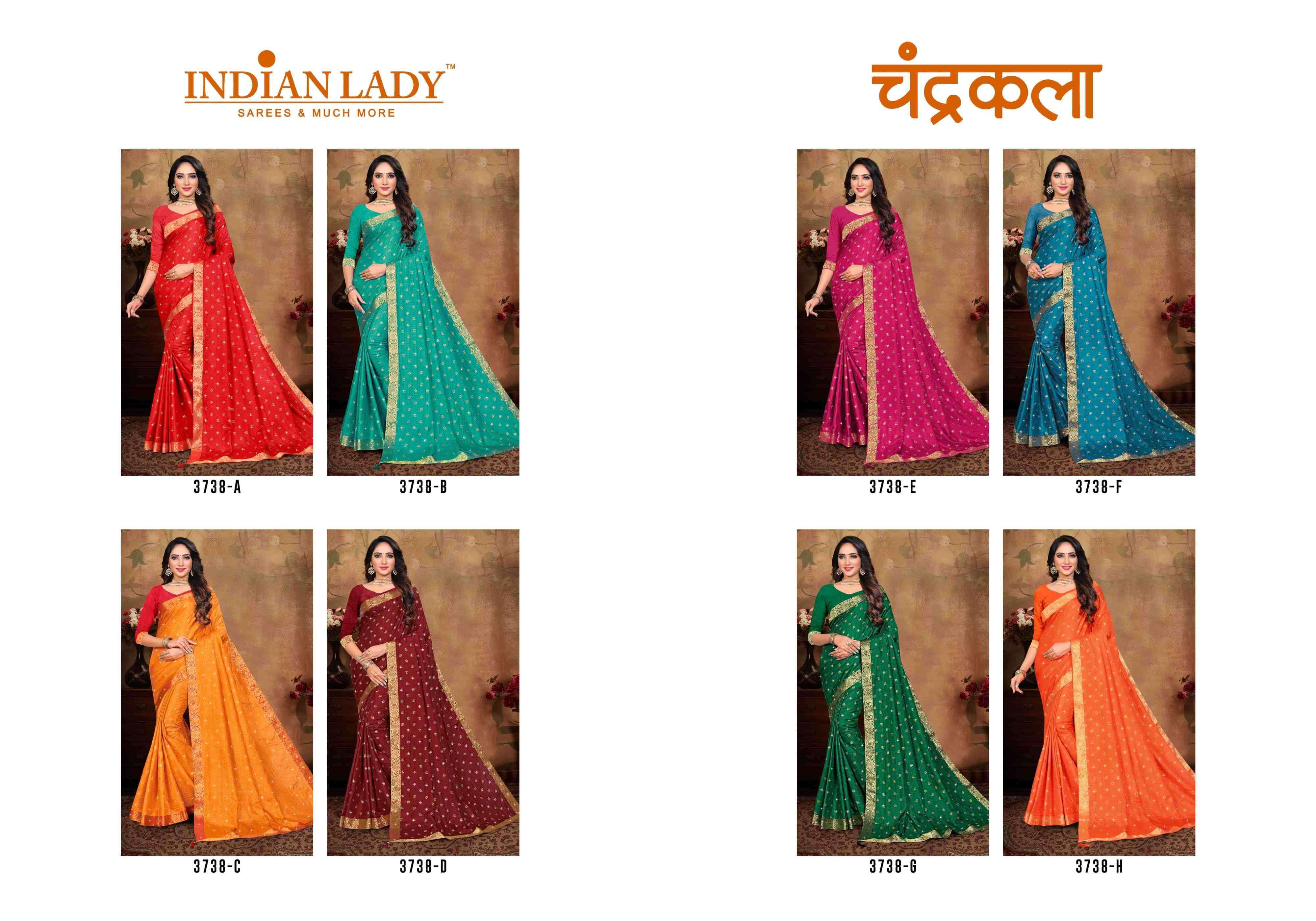 CHANDRAKALA BY INDIAN WOMEN 3738-A TO 3738-H SERIES INDIAN TRADITIONAL WEAR COLLECTION BEAUTIFUL STYLISH FANCY COLORFUL PARTY WEAR & OCCASIONAL WEAR VICHITRA SILK SAREES AT WHOLESALE PRICE