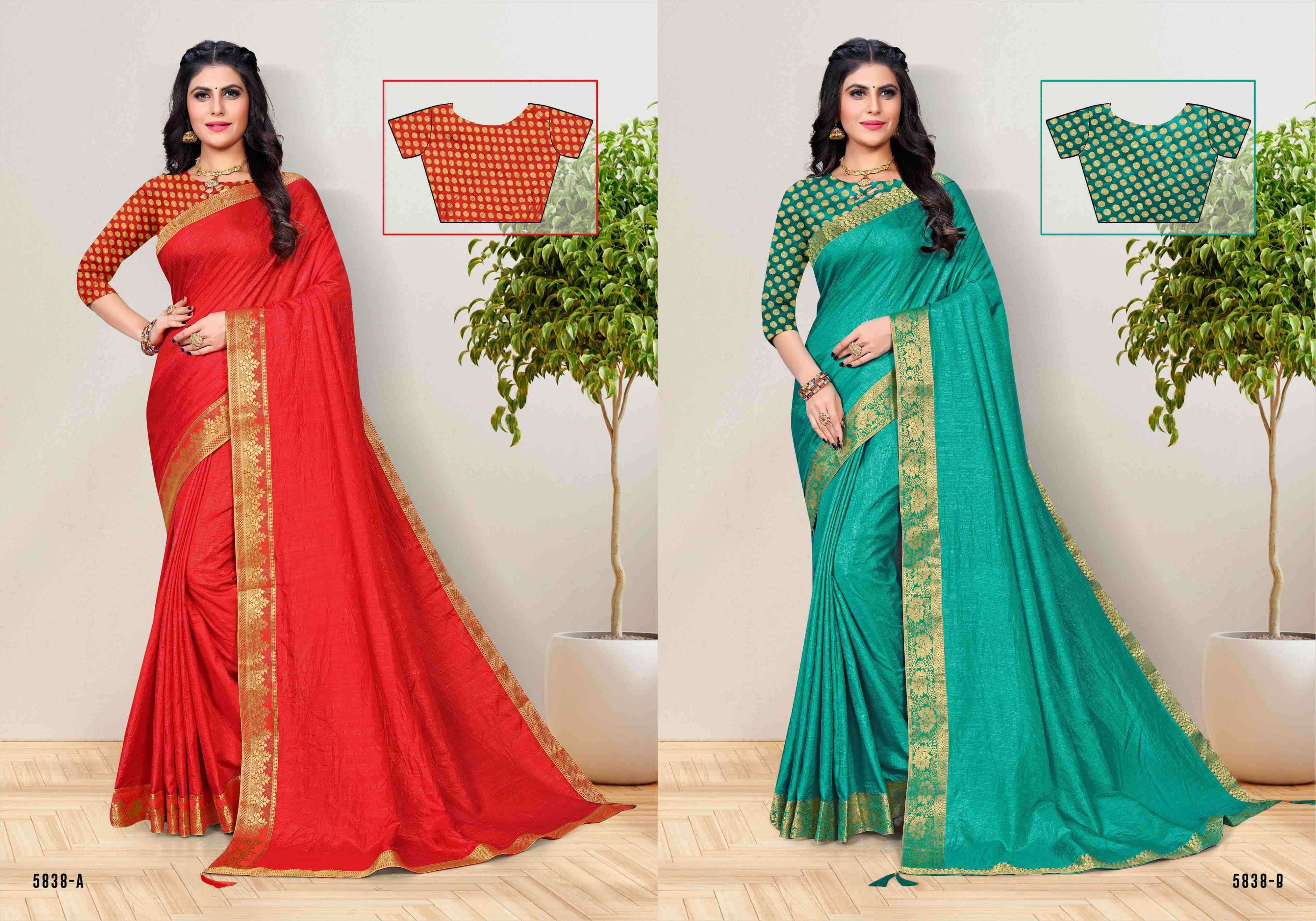 MOHAN BHOG BY INDIAN WOMEN 5838-A TO 5838-H SERIES INDIAN TRADITIONAL WEAR COLLECTION BEAUTIFUL STYLISH FANCY COLORFUL PARTY WEAR & OCCASIONAL WEAR VICHITRA SILK SAREES AT WHOLESALE PRICE