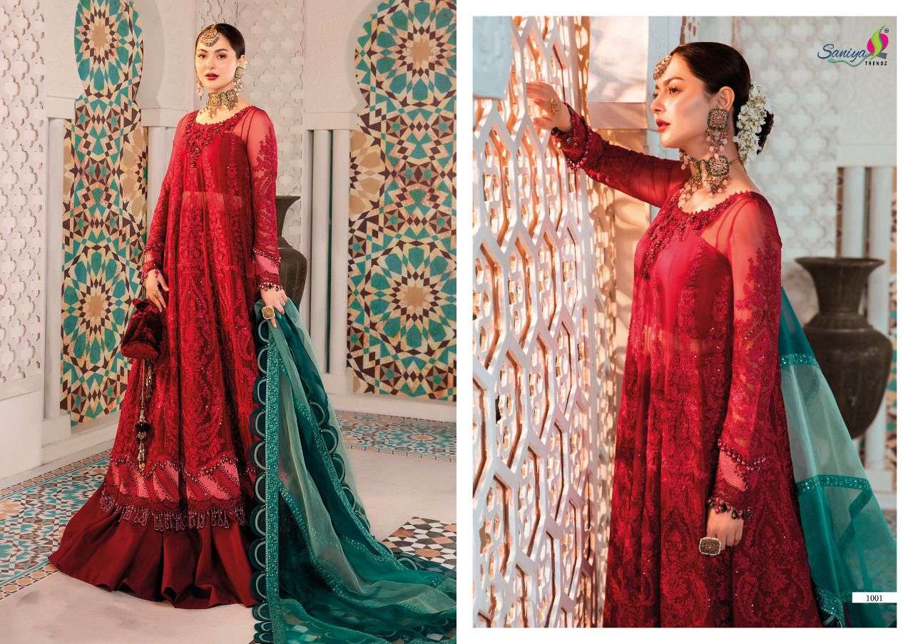 MARIA B EID-22 BY SANIYA TRENDZ 1001 TO 1003 SERIES DESIGNER PAKISTANI WEAR COLLECTION BEAUTIFUL STYLISH FANCY COLORFUL PARTY WEAR & OCCASIONAL WEAR FAUX GEORGETTE EMBROIDERED DRESSES AT WHOLESALE PRICE