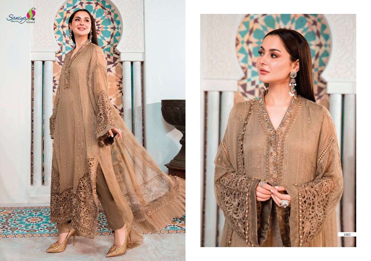 MARIA B EID-22 BY SANIYA TRENDZ 1001 TO 1003 SERIES DESIGNER PAKISTANI WEAR COLLECTION BEAUTIFUL STYLISH FANCY COLORFUL PARTY WEAR & OCCASIONAL WEAR FAUX GEORGETTE EMBROIDERED DRESSES AT WHOLESALE PRICE