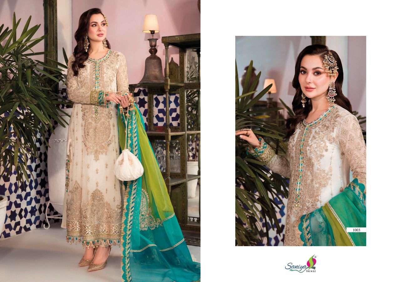 MARIA B EID-22 BY SANIYA TRENDZ 1001 TO 1003 SERIES DESIGNER PAKISTANI WEAR COLLECTION BEAUTIFUL STYLISH FANCY COLORFUL PARTY WEAR & OCCASIONAL WEAR FAUX GEORGETTE EMBROIDERED DRESSES AT WHOLESALE PRICE