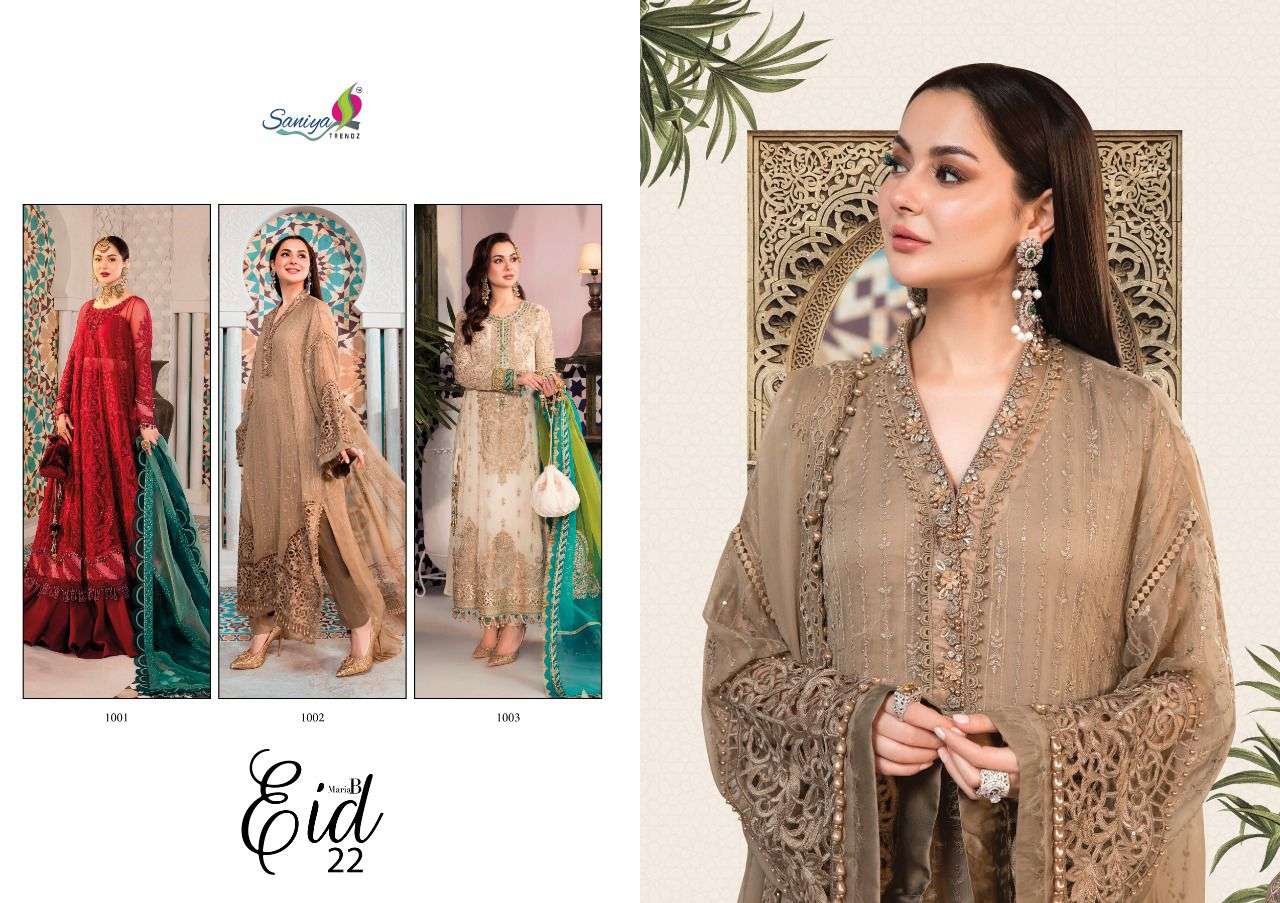 MARIA B EID-22 BY SANIYA TRENDZ 1001 TO 1003 SERIES DESIGNER PAKISTANI WEAR COLLECTION BEAUTIFUL STYLISH FANCY COLORFUL PARTY WEAR & OCCASIONAL WEAR FAUX GEORGETTE EMBROIDERED DRESSES AT WHOLESALE PRICE