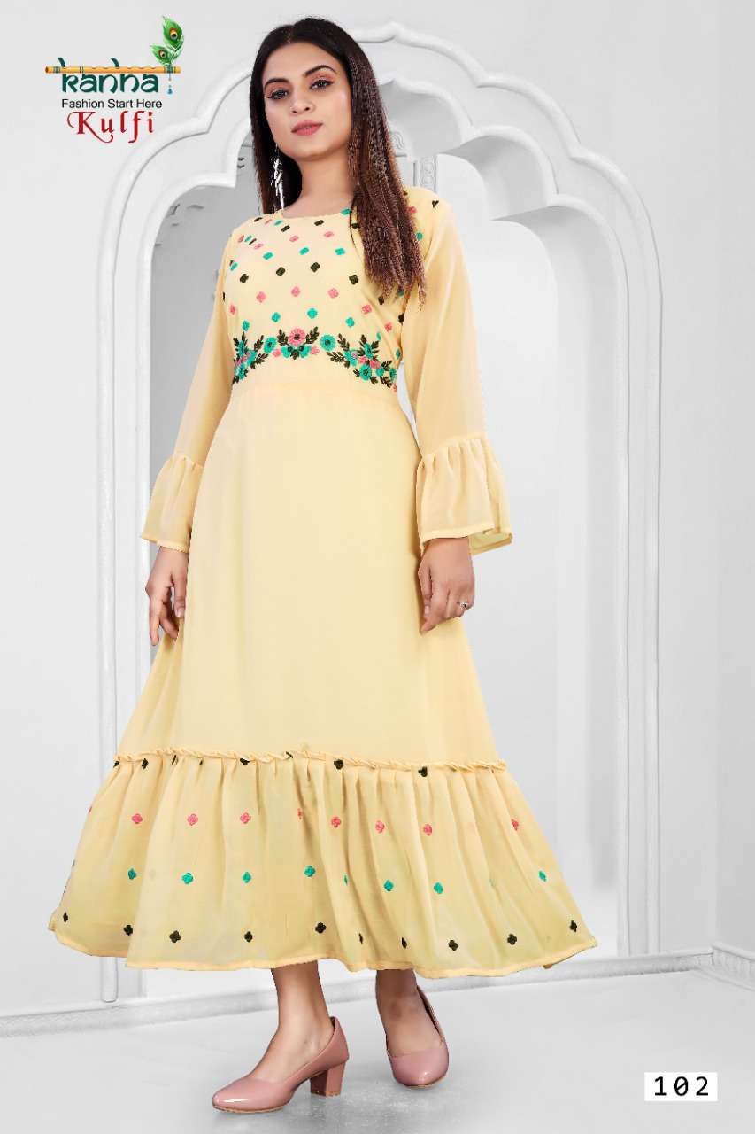 KULFI BY KANHA 101 TO 106 SERIES BEAUTIFUL STYLISH FANCY COLORFUL CASUAL WEAR & ETHNIC WEAR GEORGETTE EMBROIDERED GOWNS AT WHOLESALE PRICE