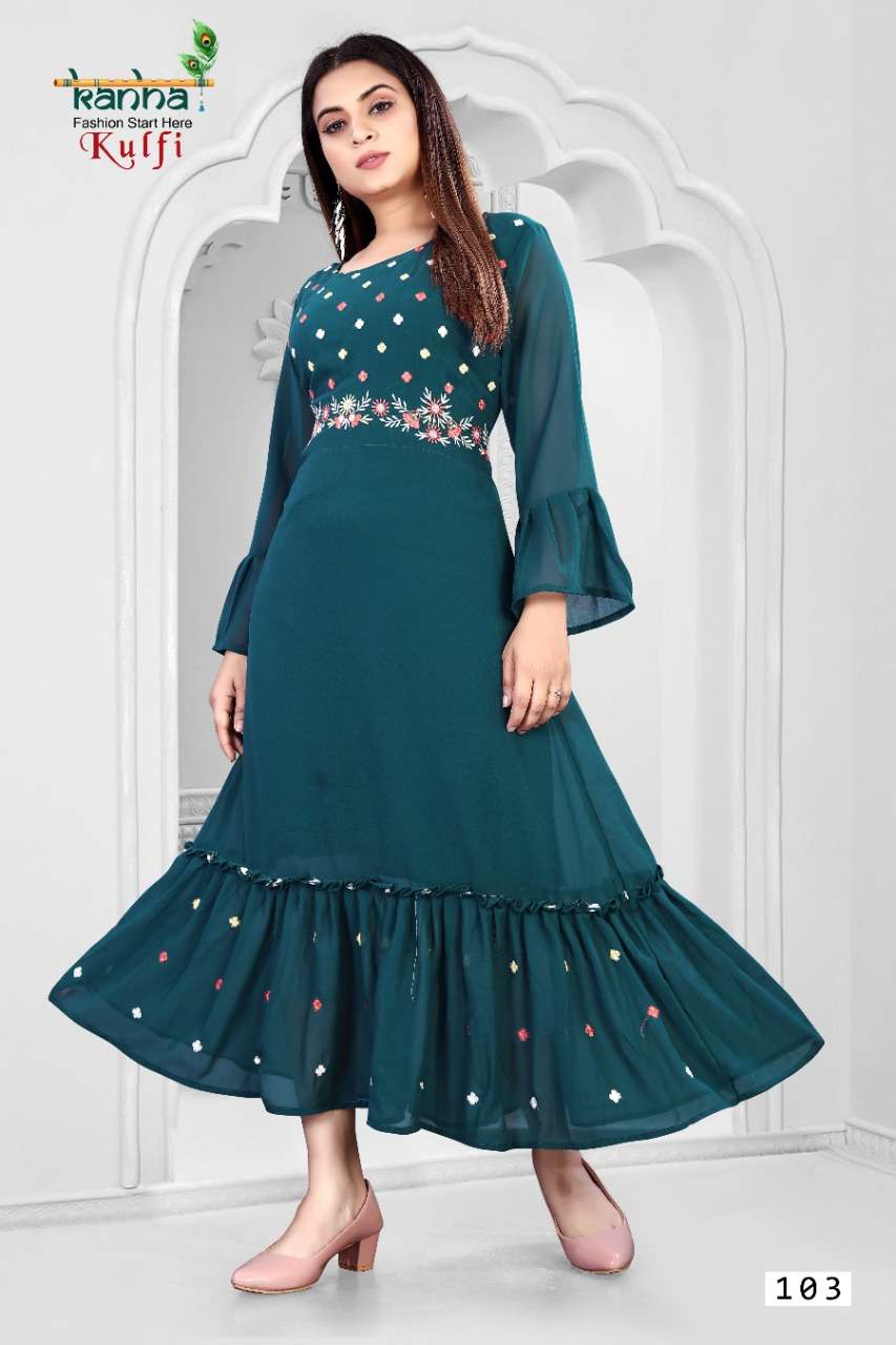 KULFI BY KANHA 101 TO 106 SERIES BEAUTIFUL STYLISH FANCY COLORFUL CASUAL WEAR & ETHNIC WEAR GEORGETTE EMBROIDERED GOWNS AT WHOLESALE PRICE