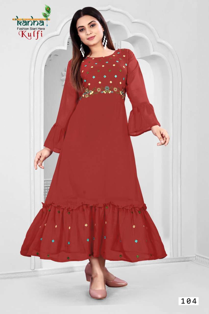 KULFI BY KANHA 101 TO 106 SERIES BEAUTIFUL STYLISH FANCY COLORFUL CASUAL WEAR & ETHNIC WEAR GEORGETTE EMBROIDERED GOWNS AT WHOLESALE PRICE