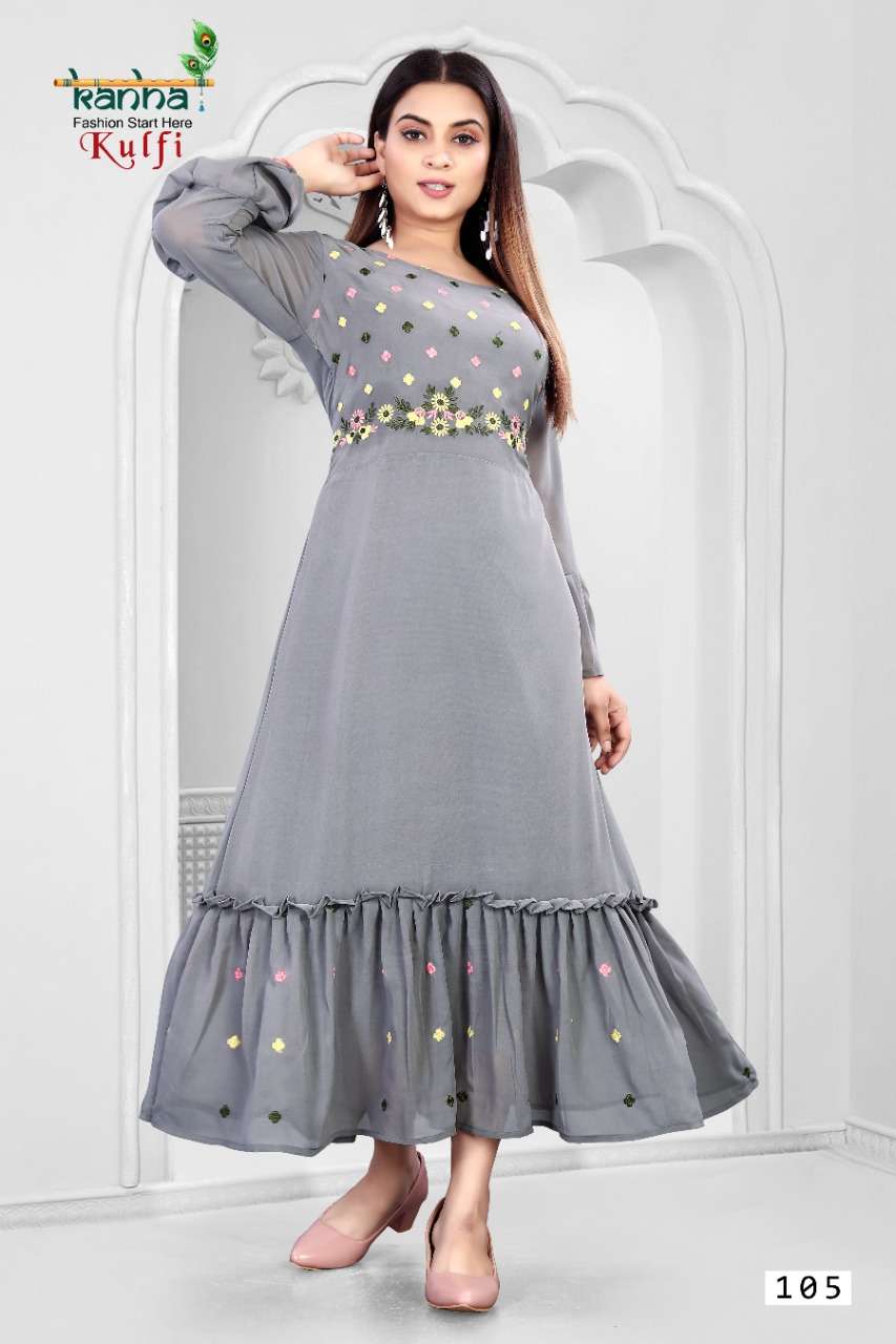 KULFI BY KANHA 101 TO 106 SERIES BEAUTIFUL STYLISH FANCY COLORFUL CASUAL WEAR & ETHNIC WEAR GEORGETTE EMBROIDERED GOWNS AT WHOLESALE PRICE