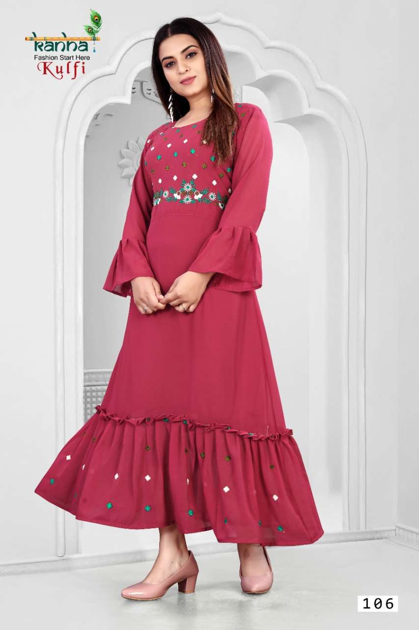 KULFI BY KANHA 101 TO 106 SERIES BEAUTIFUL STYLISH FANCY COLORFUL CASUAL WEAR & ETHNIC WEAR GEORGETTE EMBROIDERED GOWNS AT WHOLESALE PRICE