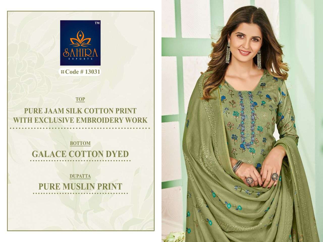 SAHIRA 13031 COLOURS BY SAHIRA EXPORTS 13031-A TO 13031-D SERIES BEAUTIFUL STYLISH SUITS FANCY COLORFUL CASUAL WEAR & ETHNIC WEAR & READY TO WEAR PURE JAM SILK COTTON PRINT WITH EMBRODERY DRESSES AT WHOLESALE PRICE