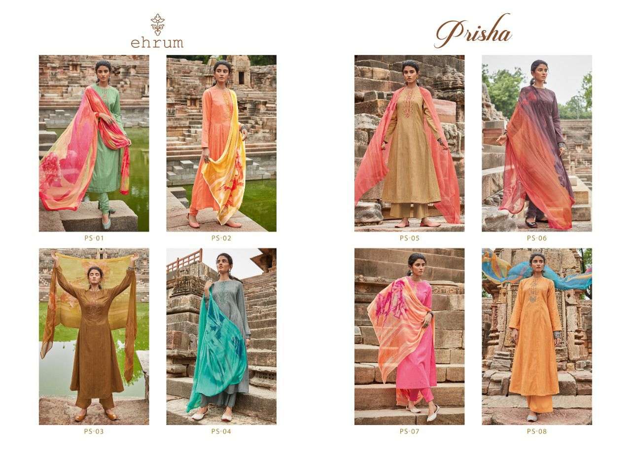 PRISHA BY EHRUM 01 TO 08 SERIES BEAUTIFUL SUITS COLORFUL STYLISH FANCY CASUAL WEAR & ETHNIC WEAR PURE COTTON PRINT WITH EMBROIDERED DRESSES AT WHOLESALE PRICE
