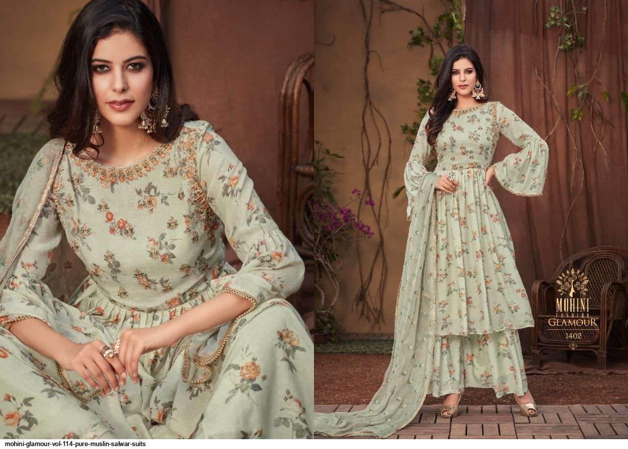 GLAMOUR VOL-114 BY MOHINI FASHION 1401 TO 1406 SERIES DESIGNER FESTIVE SHARARA SUITS COLLECTION BEAUTIFUL STYLISH FANCY COLORFUL PARTY WEAR & OCCASIONAL WEAR PURE MUSLIN DRESSES AT WHOLESALE PRICE