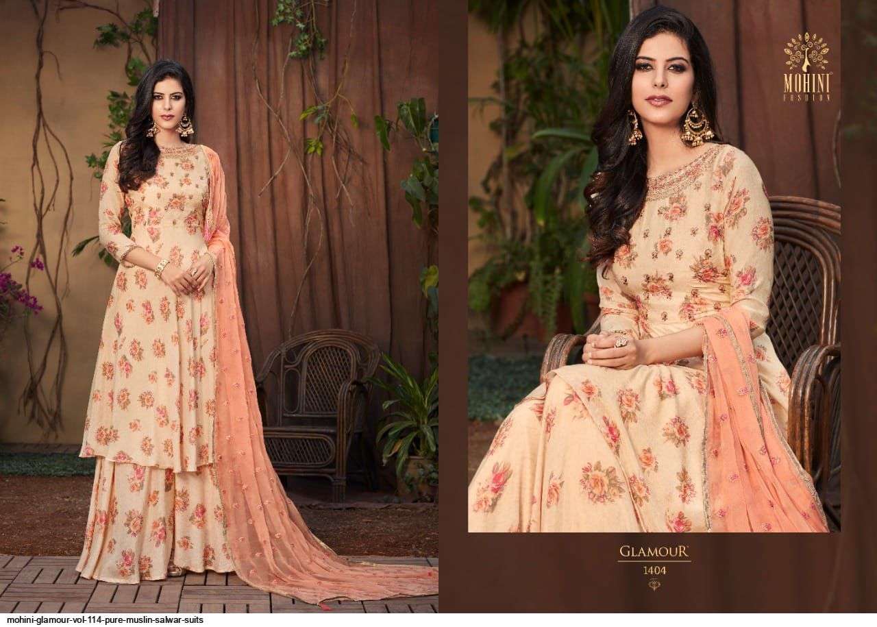 GLAMOUR VOL-114 BY MOHINI FASHION 1401 TO 1406 SERIES DESIGNER FESTIVE SHARARA SUITS COLLECTION BEAUTIFUL STYLISH FANCY COLORFUL PARTY WEAR & OCCASIONAL WEAR PURE MUSLIN DRESSES AT WHOLESALE PRICE