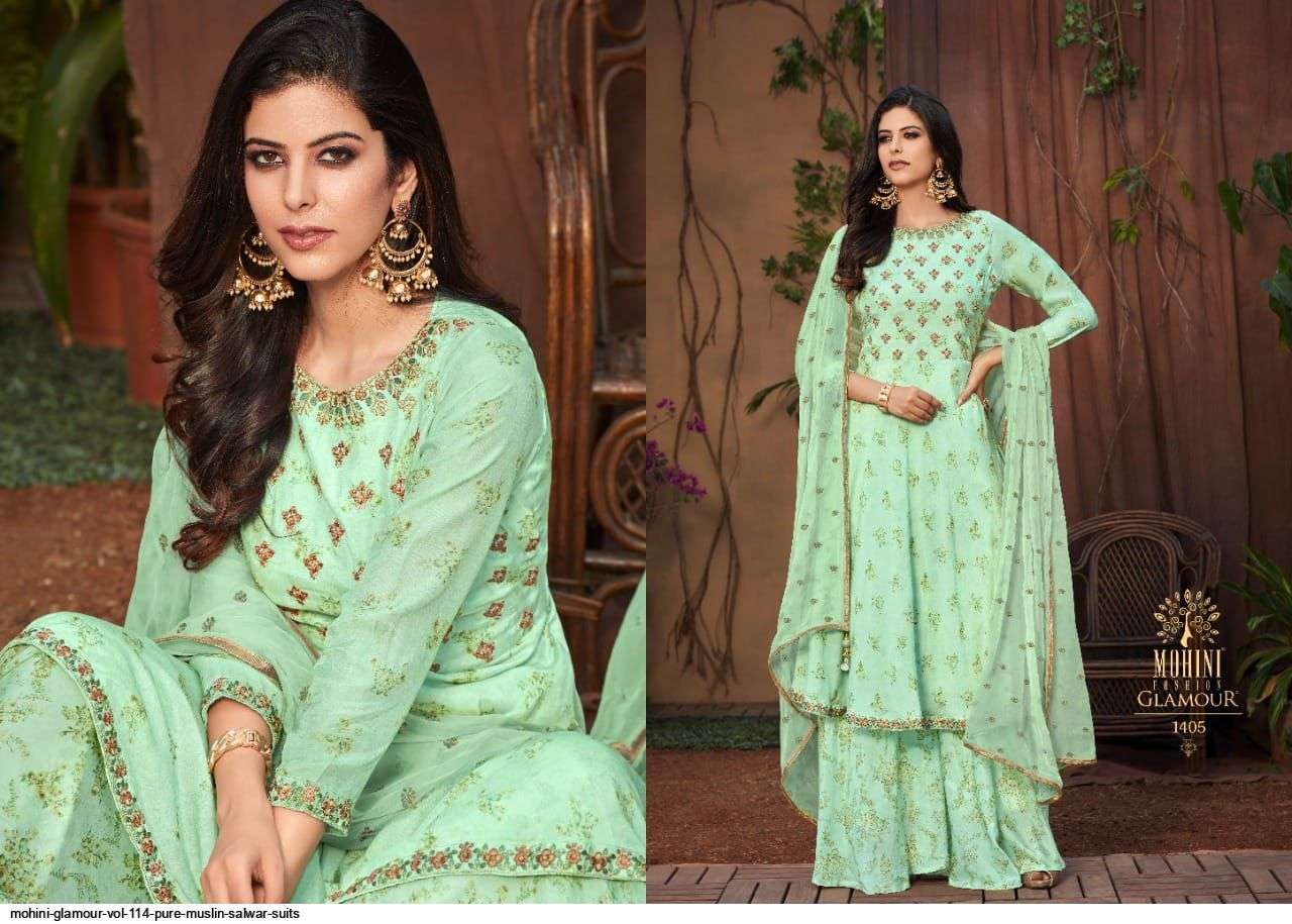 GLAMOUR VOL-114 BY MOHINI FASHION 1401 TO 1406 SERIES DESIGNER FESTIVE SHARARA SUITS COLLECTION BEAUTIFUL STYLISH FANCY COLORFUL PARTY WEAR & OCCASIONAL WEAR PURE MUSLIN DRESSES AT WHOLESALE PRICE