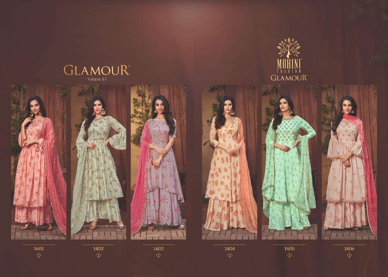 GLAMOUR VOL-114 BY MOHINI FASHION 1401 TO 1406 SERIES DESIGNER FESTIVE SHARARA SUITS COLLECTION BEAUTIFUL STYLISH FANCY COLORFUL PARTY WEAR & OCCASIONAL WEAR PURE MUSLIN DRESSES AT WHOLESALE PRICE