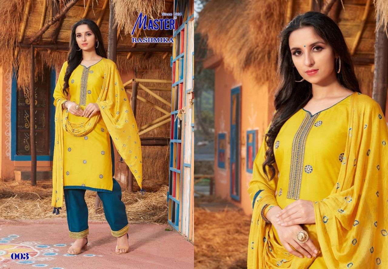RASHMIKA BY MASTER 001 TO 008 SERIES BEAUTIFUL SUITS COLORFUL STYLISH FANCY CASUAL WEAR & ETHNIC WEAR RAYON WITH WORK DRESSES AT WHOLESALE PRICE