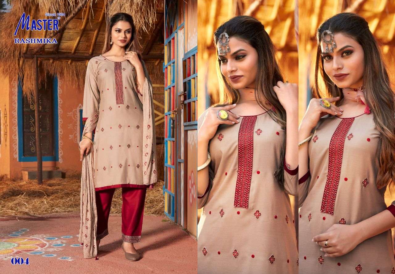 RASHMIKA BY MASTER 001 TO 008 SERIES BEAUTIFUL SUITS COLORFUL STYLISH FANCY CASUAL WEAR & ETHNIC WEAR RAYON WITH WORK DRESSES AT WHOLESALE PRICE
