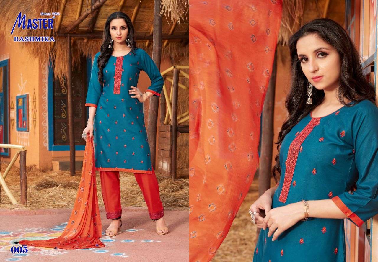 RASHMIKA BY MASTER 001 TO 008 SERIES BEAUTIFUL SUITS COLORFUL STYLISH FANCY CASUAL WEAR & ETHNIC WEAR RAYON WITH WORK DRESSES AT WHOLESALE PRICE