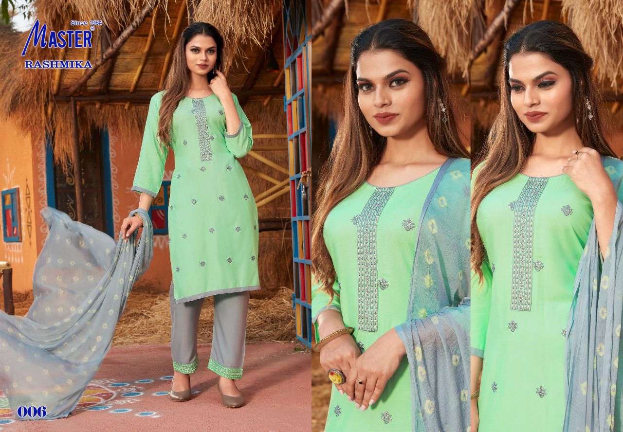 RASHMIKA BY MASTER 001 TO 008 SERIES BEAUTIFUL SUITS COLORFUL STYLISH FANCY CASUAL WEAR & ETHNIC WEAR RAYON WITH WORK DRESSES AT WHOLESALE PRICE