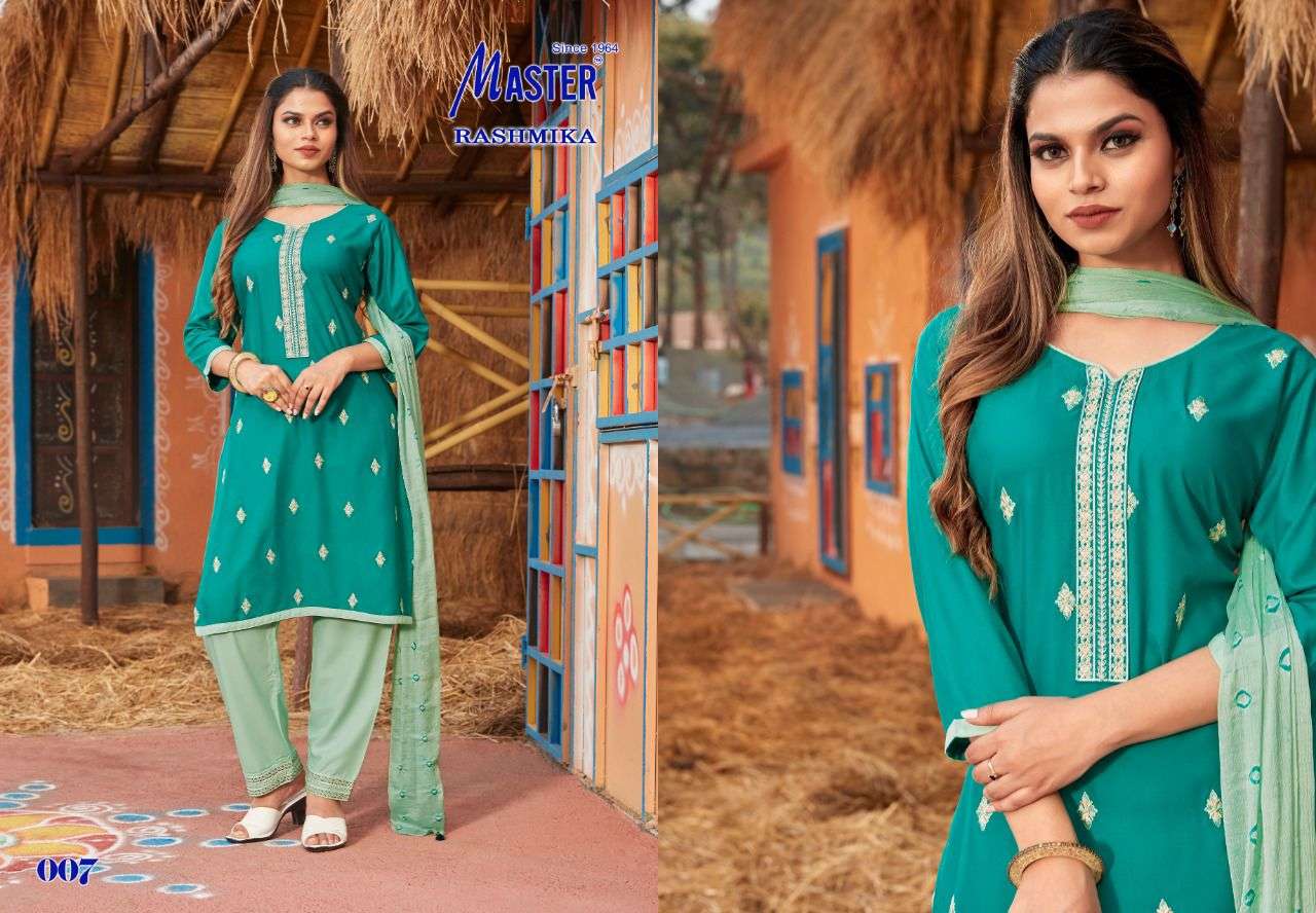 RASHMIKA BY MASTER 001 TO 008 SERIES BEAUTIFUL SUITS COLORFUL STYLISH FANCY CASUAL WEAR & ETHNIC WEAR RAYON WITH WORK DRESSES AT WHOLESALE PRICE