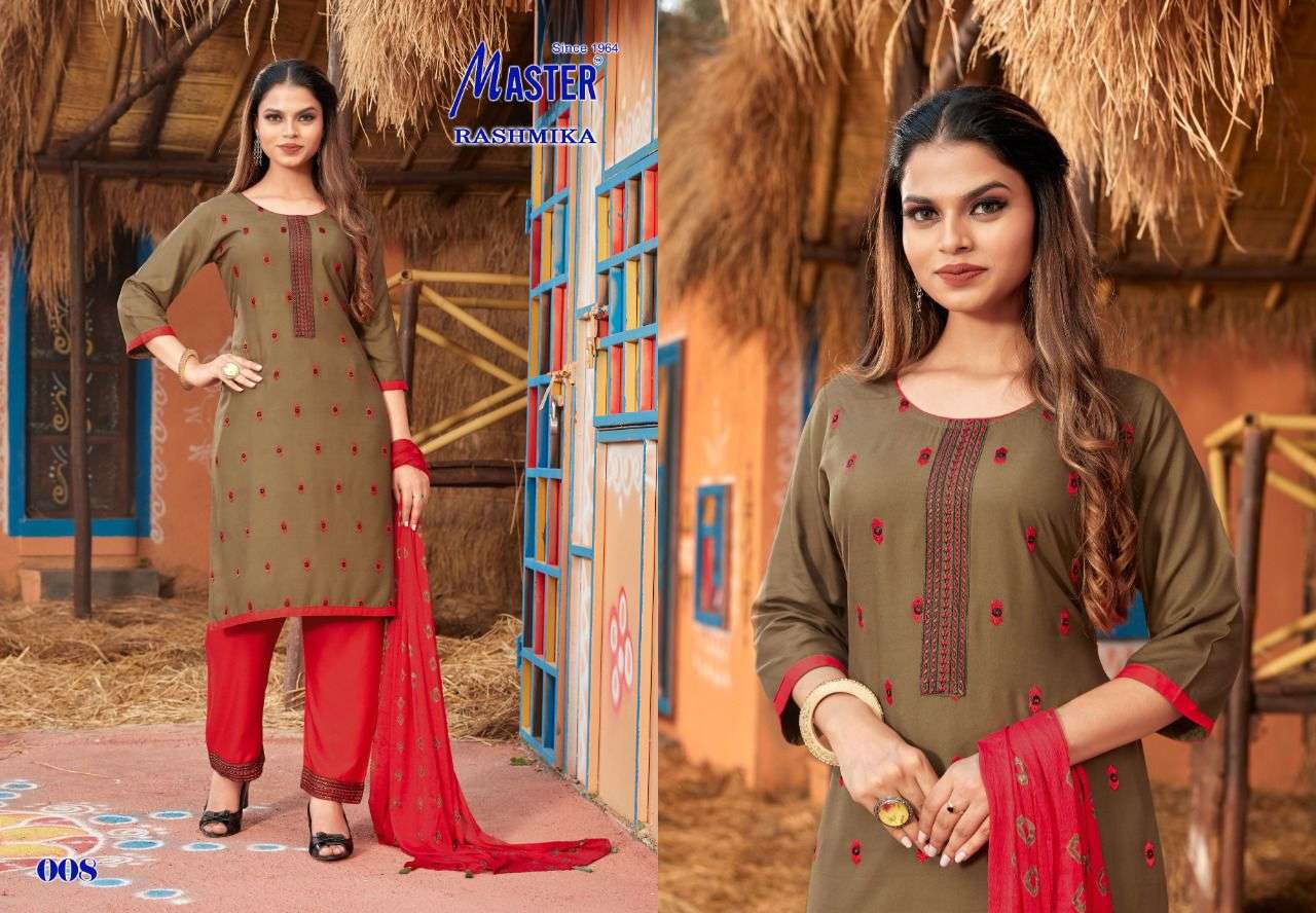 RASHMIKA BY MASTER 001 TO 008 SERIES BEAUTIFUL SUITS COLORFUL STYLISH FANCY CASUAL WEAR & ETHNIC WEAR RAYON WITH WORK DRESSES AT WHOLESALE PRICE