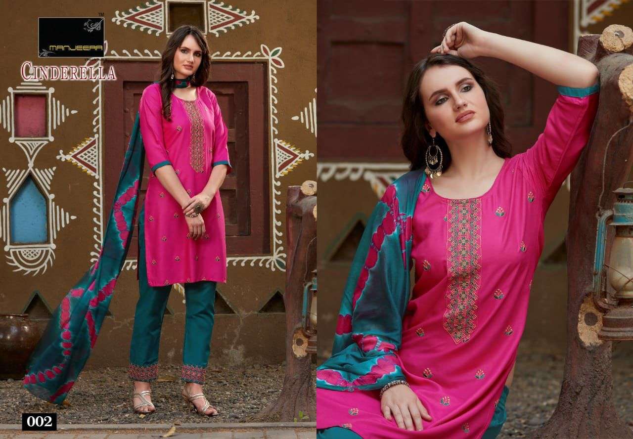 CINDERELLA BY MANJEERA 001 TO 008 SERIES BEAUTIFUL SUITS COLORFUL STYLISH FANCY CASUAL WEAR & ETHNIC WEAR RAYON WITH WORK DRESSES AT WHOLESALE PRICE