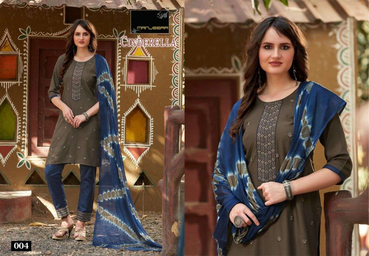 CINDERELLA BY MANJEERA 001 TO 008 SERIES BEAUTIFUL SUITS COLORFUL STYLISH FANCY CASUAL WEAR & ETHNIC WEAR RAYON WITH WORK DRESSES AT WHOLESALE PRICE