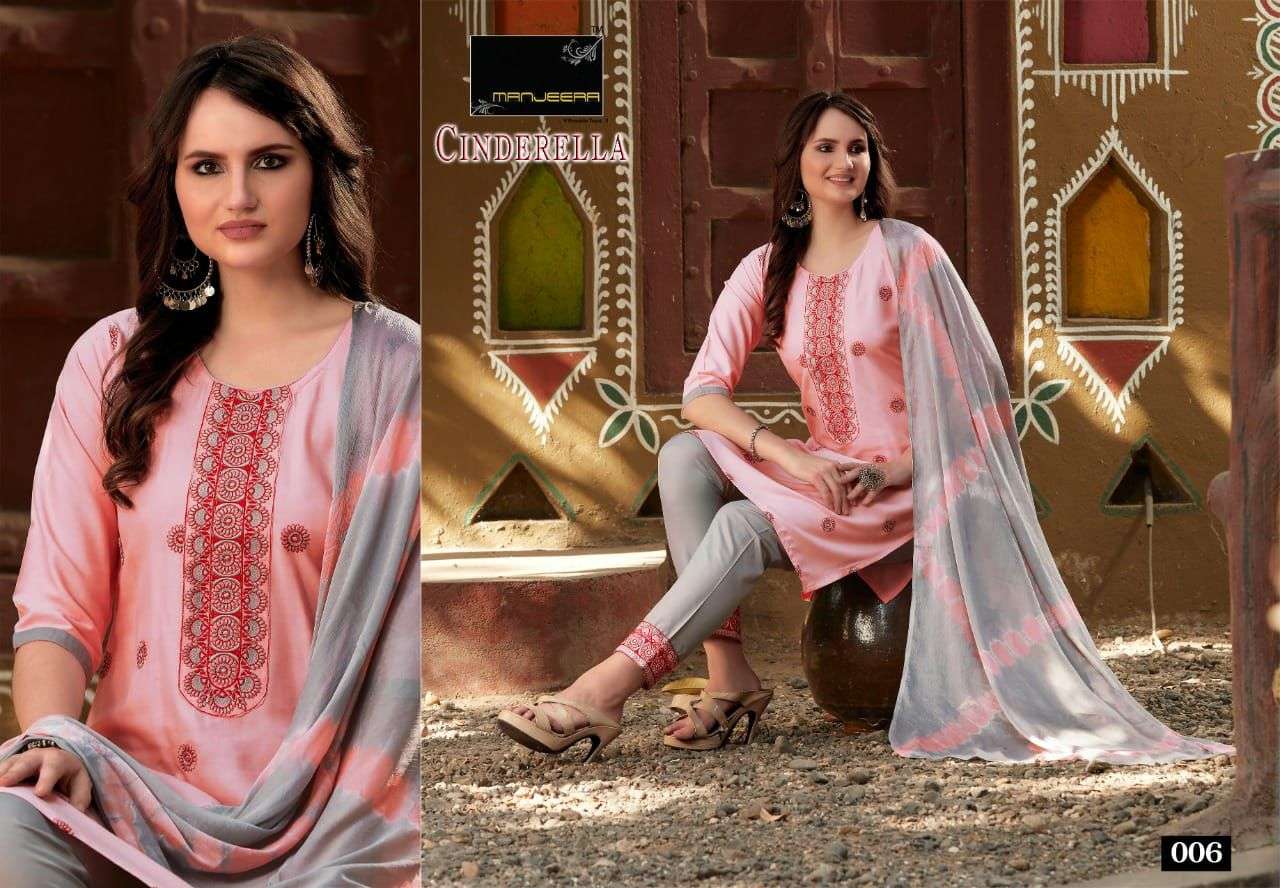 CINDERELLA BY MANJEERA 001 TO 008 SERIES BEAUTIFUL SUITS COLORFUL STYLISH FANCY CASUAL WEAR & ETHNIC WEAR RAYON WITH WORK DRESSES AT WHOLESALE PRICE