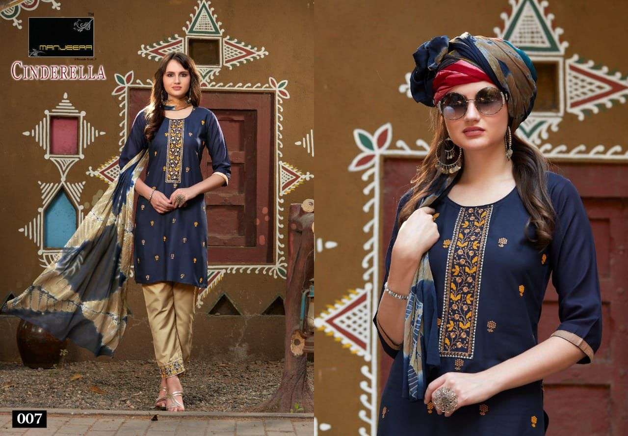 CINDERELLA BY MANJEERA 001 TO 008 SERIES BEAUTIFUL SUITS COLORFUL STYLISH FANCY CASUAL WEAR & ETHNIC WEAR RAYON WITH WORK DRESSES AT WHOLESALE PRICE