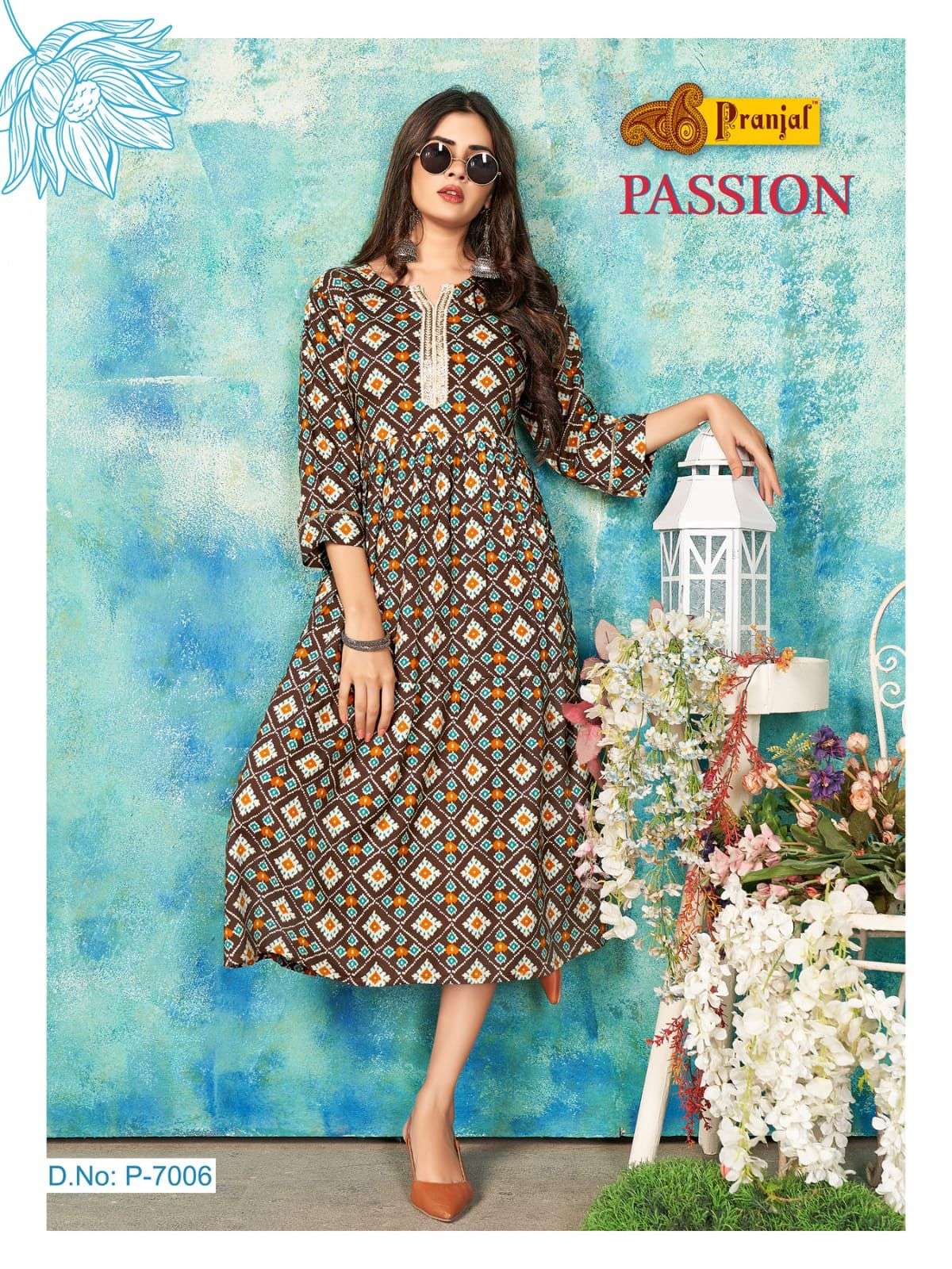 PASSION VOL-7 BY PRANJAL CREATIONS 7001 TO 7006 SERIES DESIGNER STYLISH FANCY COLORFUL BEAUTIFUL PARTY WEAR & ETHNIC WEAR COLLECTION RAYON PRINT KURTIS AT WHOLESALE PRICE