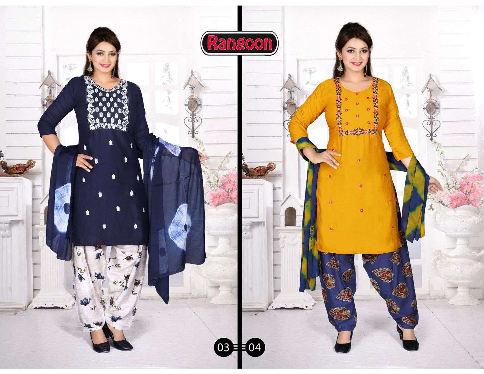 RANGOON BY TRENDY 01 TO 10 SERIES BEAUTIFUL PATIYALA SUITS COLORFUL STYLISH FANCY CASUAL WEAR & ETHNIC WEAR RAYON PRINT DRESSES AT WHOLESALE PRICE