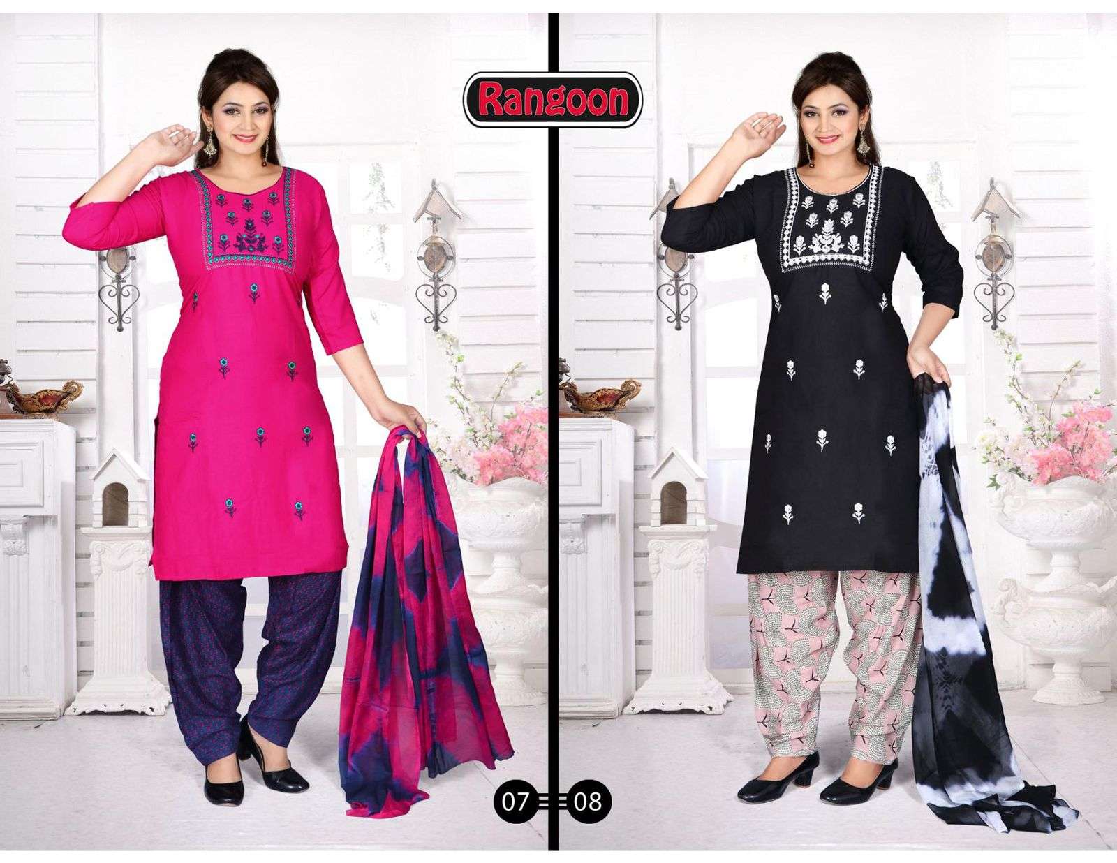 RANGOON BY TRENDY 01 TO 10 SERIES BEAUTIFUL PATIYALA SUITS COLORFUL STYLISH FANCY CASUAL WEAR & ETHNIC WEAR RAYON PRINT DRESSES AT WHOLESALE PRICE