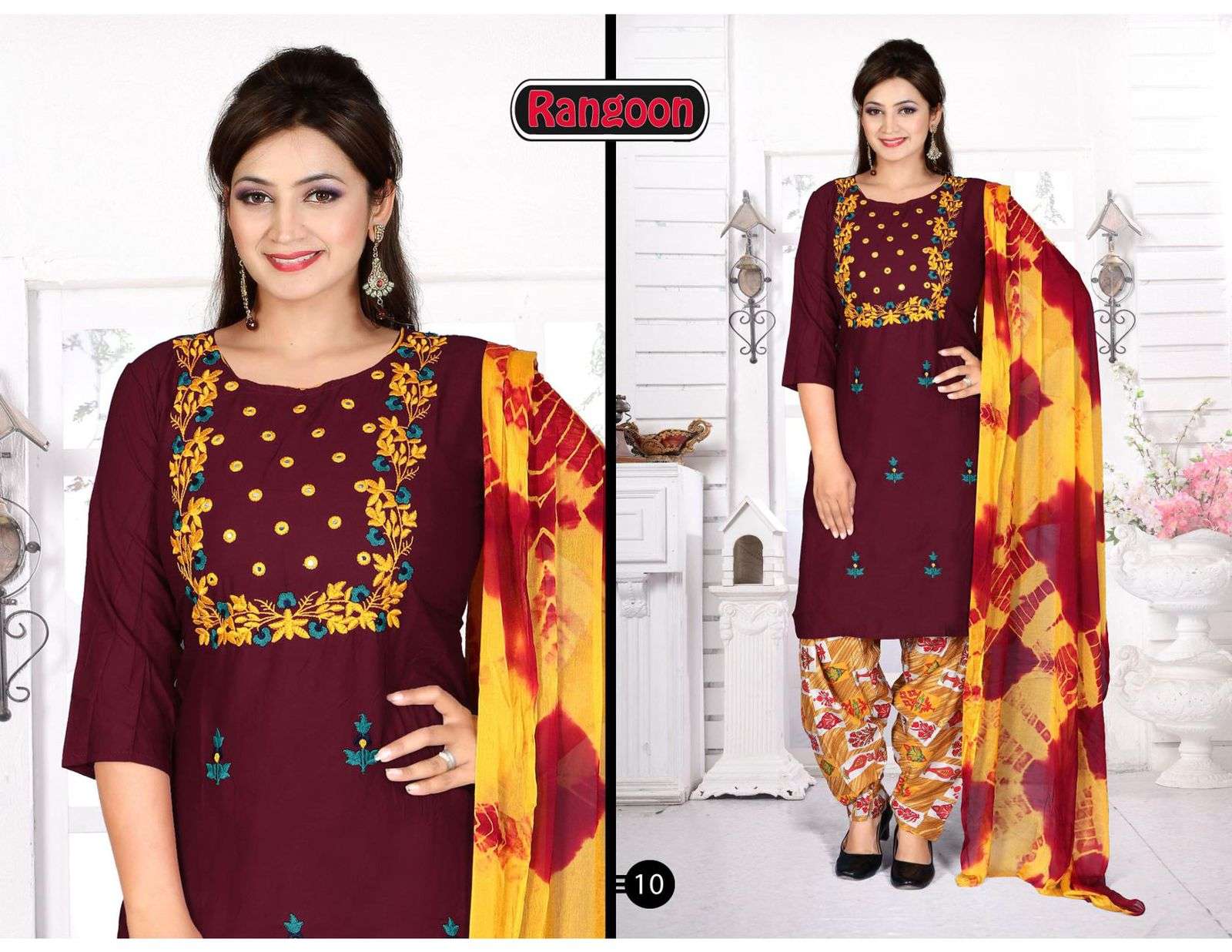 RANGOON BY TRENDY 01 TO 10 SERIES BEAUTIFUL PATIYALA SUITS COLORFUL STYLISH FANCY CASUAL WEAR & ETHNIC WEAR RAYON PRINT DRESSES AT WHOLESALE PRICE